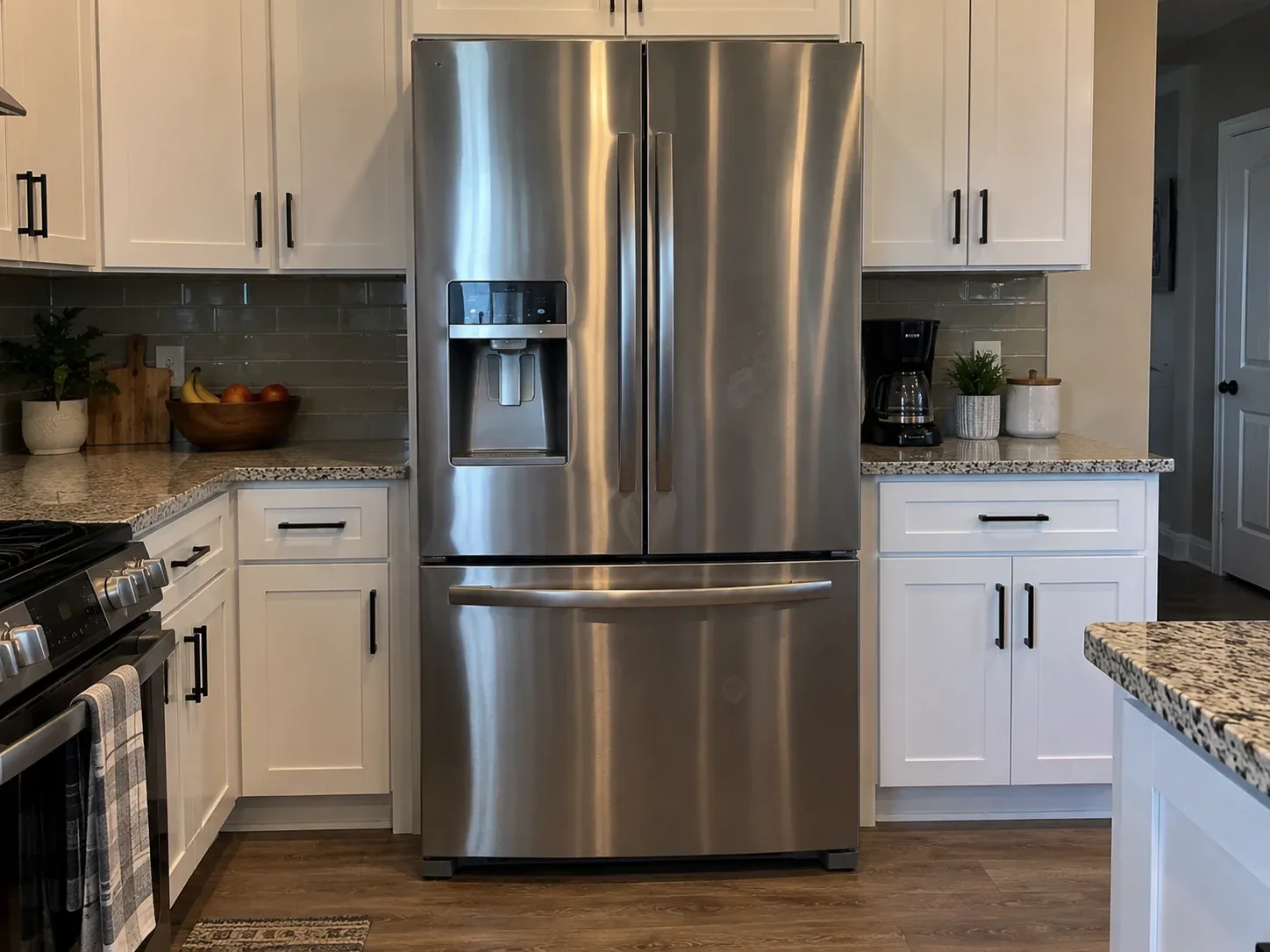 Stainless steel refrigerator in a Garland kitchen